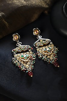 Two Tone Finish Multi-Colored Stone & Kundan Polki Temple Dangler Earrings In Sterling Silver