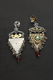 Two Tone Finish Multi-Colored Stone & Kundan Polki Temple Dangler Earrings In Sterling Silver