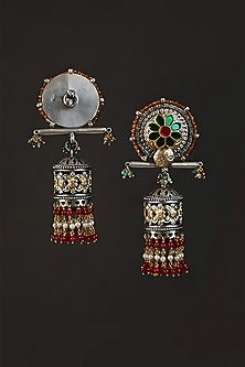 Two Tone Finish Multi-Colored Stone & Kundan Polki Temple Jhumka Earrings In Sterling Silver