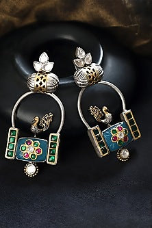 Two Tone Finish Multi-Colored Stone & Kundan Polki Bird Temple Earrings In Sterling Silver
