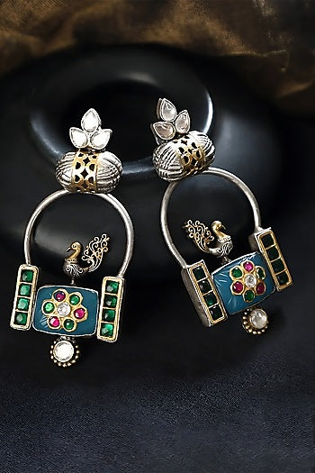 Two Tone Finish Multi-Colored Stone & Kundan Polki Bird Temple Earrings In Sterling Silver