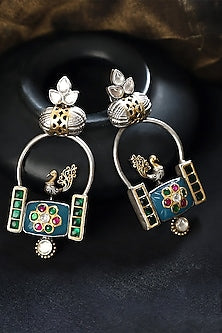 Two Tone Finish Multi-Colored Stone & Kundan Polki Bird Temple Earrings In Sterling Silver