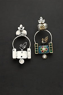 Two Tone Finish Multi-Colored Stone & Kundan Polki Bird Temple Earrings In Sterling Silver