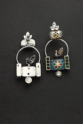 Two Tone Finish Multi-Colored Stone & Kundan Polki Bird Temple Earrings In Sterling Silver