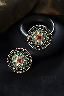 Two Tone Finish Multi-Colored Stone & Kundan Polki Floral Temple Stud Earrings In Sterling Silver