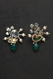 Two Tone Finish Multi-Colored Stone & Kundan Polki Floral Temple Earrings In Sterling Silver
