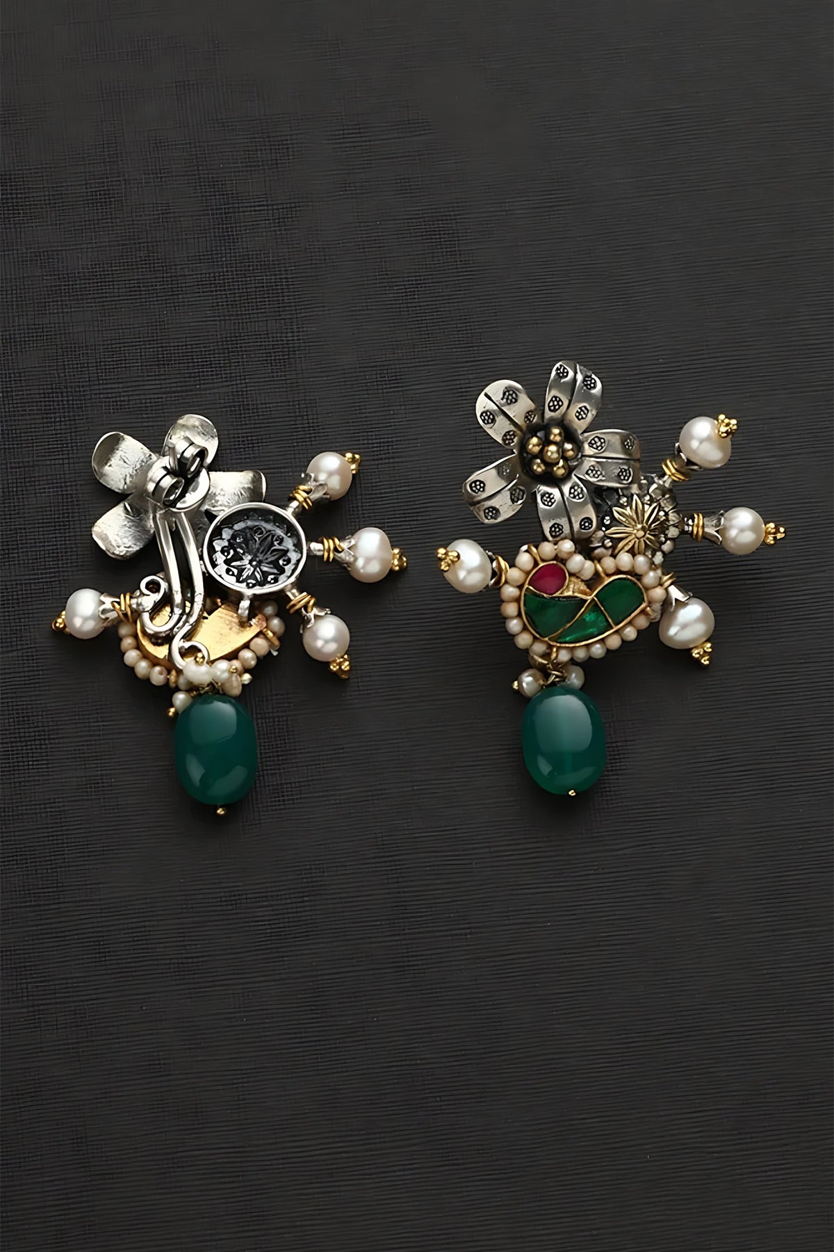 Two Tone Finish Multi-Colored Stone & Kundan Polki Floral Temple Earrings In Sterling Silver