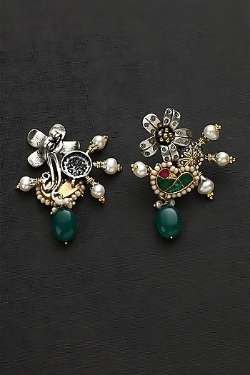 Two Tone Finish Multi-Colored Stone & Kundan Polki Floral Temple Earrings In Sterling Silver