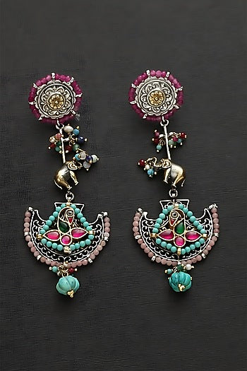 Two Tone Finish Multi-Colored Stone & Kundan Polki Temple Dangler Earrings In Sterling Silver