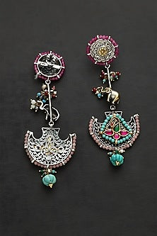 Two Tone Finish Multi-Colored Stone & Kundan Polki Temple Dangler Earrings In Sterling Silver