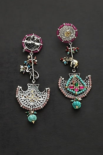 Two Tone Finish Multi-Colored Stone & Kundan Polki Temple Dangler Earrings In Sterling Silver