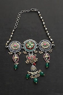 Two Tone Finish Multi-Colored Stone & Kundan Polki Temple Choker Necklace In Sterling Silver