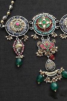 Two Tone Finish Multi-Colored Stone & Kundan Polki Temple Choker Necklace In Sterling Silver