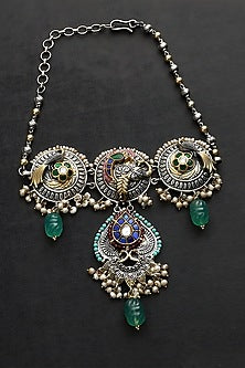 Two Tone Finish Multi-Colored Stone & Kundan Polki Temple Choker Necklace In Sterling Silver