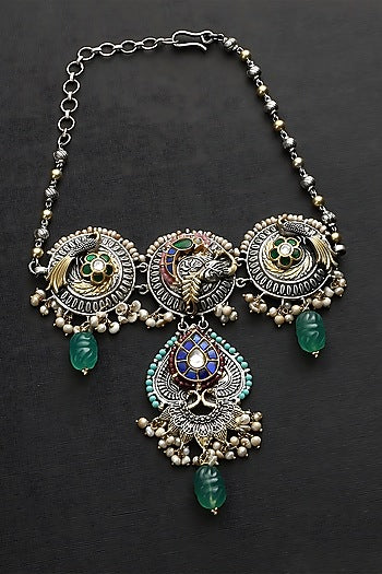 Two Tone Finish Multi-Colored Stone & Kundan Polki Temple Choker Necklace In Sterling Silver