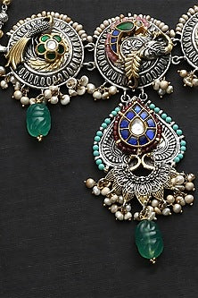 Two Tone Finish Multi-Colored Stone & Kundan Polki Temple Choker Necklace In Sterling Silver