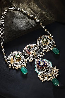 Two Tone Finish Multi-Colored Stone & Kundan Polki Temple Choker Necklace In Sterling Silver