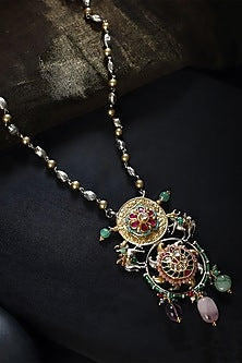 Two Tone Finish Multi-Colored Stone & Kundan Polki Boho Temple Necklace In Sterling Silver
