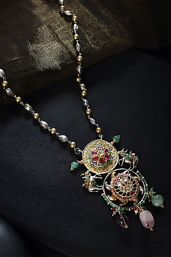 Two Tone Finish Multi-Colored Stone & Kundan Polki Boho Temple Necklace In Sterling Silver
