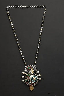 Two Tone Finish Multi-Colored Stone & Kundan Polki Temple Necklace In Sterling Silver