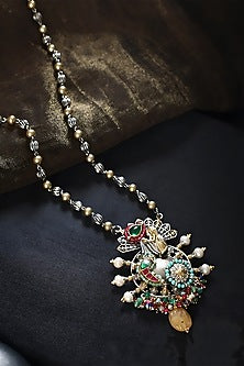 Two Tone Finish Multi-Colored Stone & Kundan Polki Temple Necklace In Sterling Silver