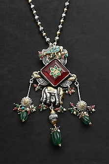 Two Tone Finish Multi-Colored Stone & Kundan Polki Temple Charm Necklace In Sterling Silver