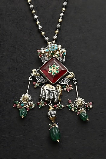 Two Tone Finish Multi-Colored Stone & Kundan Polki Temple Charm Necklace In Sterling Silver