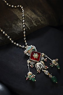 Two Tone Finish Multi-Colored Stone & Kundan Polki Temple Charm Necklace In Sterling Silver