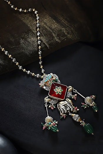 Two Tone Finish Multi-Colored Stone & Kundan Polki Temple Charm Necklace In Sterling Silver