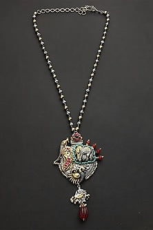 Two Tone Finish Multi-Colored Stone & Kundan Polki Long Temple Necklace In Sterling Silver