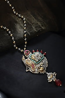 Two Tone Finish Multi-Colored Stone & Kundan Polki Long Temple Necklace In Sterling Silver