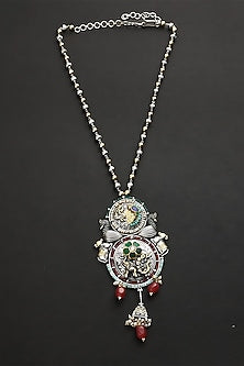 Two Tone Finish Multi-Colored Stone & Kundan Polki Long Temple Necklace In Sterling Silver
