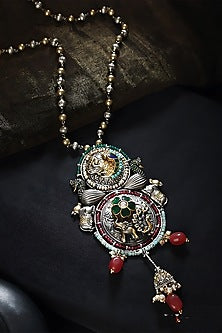 Two Tone Finish Multi-Colored Stone & Kundan Polki Long Temple Necklace In Sterling Silver