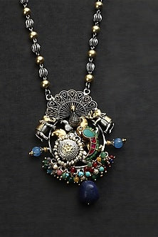 Two Tone Finish Multi-Colored Stone & Kundan Polki Temple Necklace In Sterling Silver