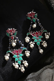 White Finish Kundan Polki & Pearl Tribal Dangler Earrings In Sterling Silver