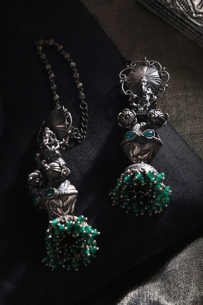 White Finish Green Kundan Polki & Onyx Tribal Jhumka Earrings In Sterling Silver