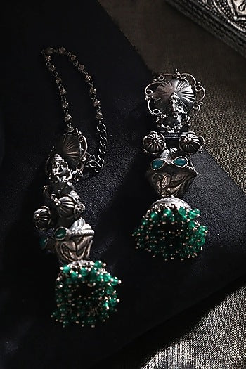 White Finish Green Kundan Polki & Onyx Tribal Jhumka Earrings In Sterling Silver