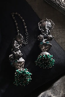 White Finish Green Kundan Polki & Onyx Tribal Jhumka Earrings In Sterling Silver