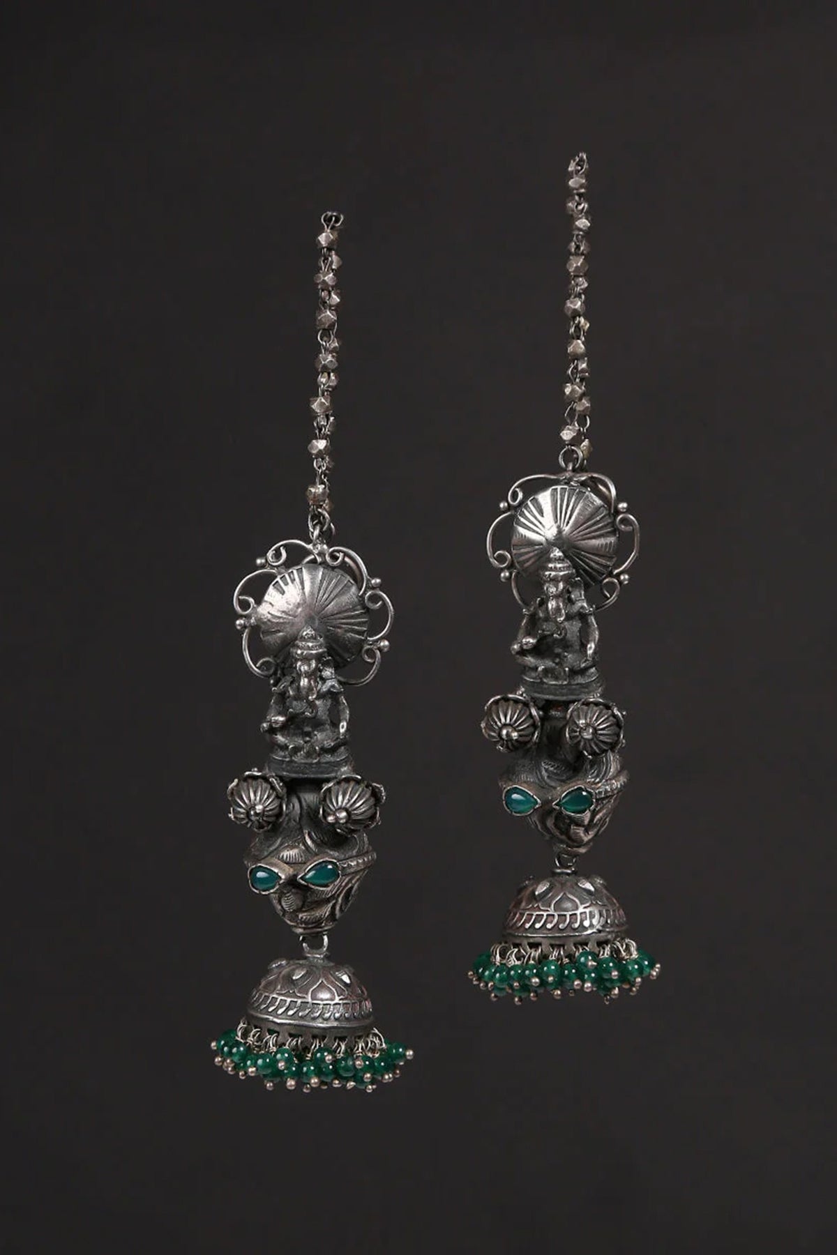 White Finish Green Kundan Polki & Onyx Tribal Jhumka Earrings In Sterling Silver