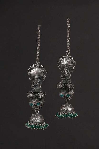 White Finish Green Kundan Polki & Onyx Tribal Jhumka Earrings In Sterling Silver