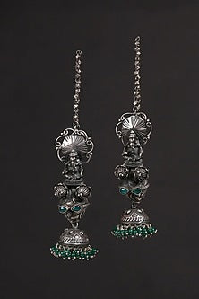 White Finish Green Kundan Polki & Onyx Tribal Jhumka Earrings In Sterling Silver