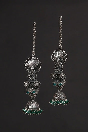 White Finish Green Kundan Polki & Onyx Tribal Jhumka Earrings In Sterling Silver