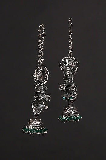 White Finish Green Kundan Polki & Onyx Tribal Jhumka Earrings In Sterling Silver