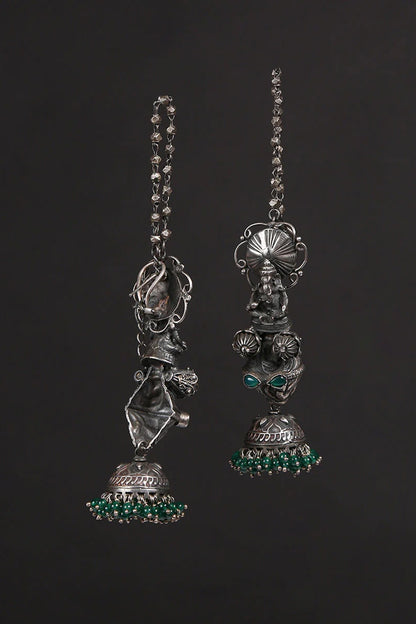White Finish Green Kundan Polki & Onyx Tribal Jhumka Earrings In Sterling Silver