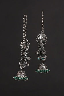White Finish Green Kundan Polki & Onyx Tribal Jhumka Earrings In Sterling Silver