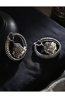 White Finish Cubic Zirconia & Pearl Tribal Dangler Earrings In Sterling Silver