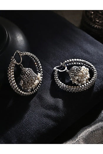 White Finish Cubic Zirconia & Pearl Tribal Dangler Earrings In Sterling Silver