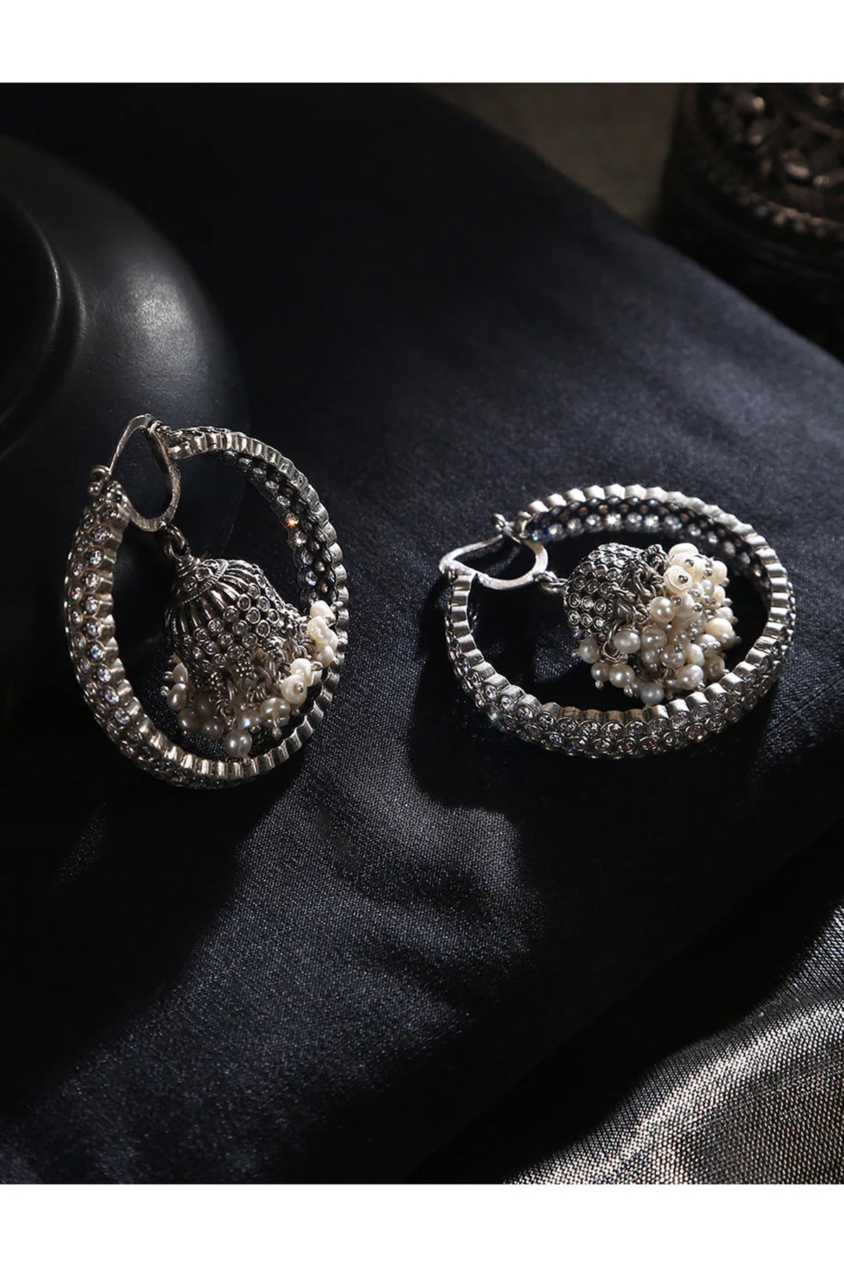 White Finish Cubic Zirconia & Pearl Tribal Dangler Earrings In Sterling Silver