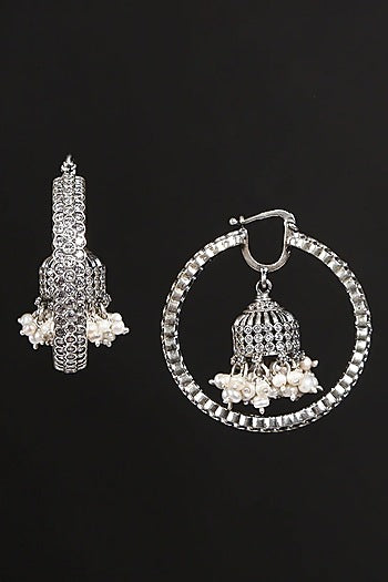 White Finish Cubic Zirconia & Pearl Tribal Dangler Earrings In Sterling Silver