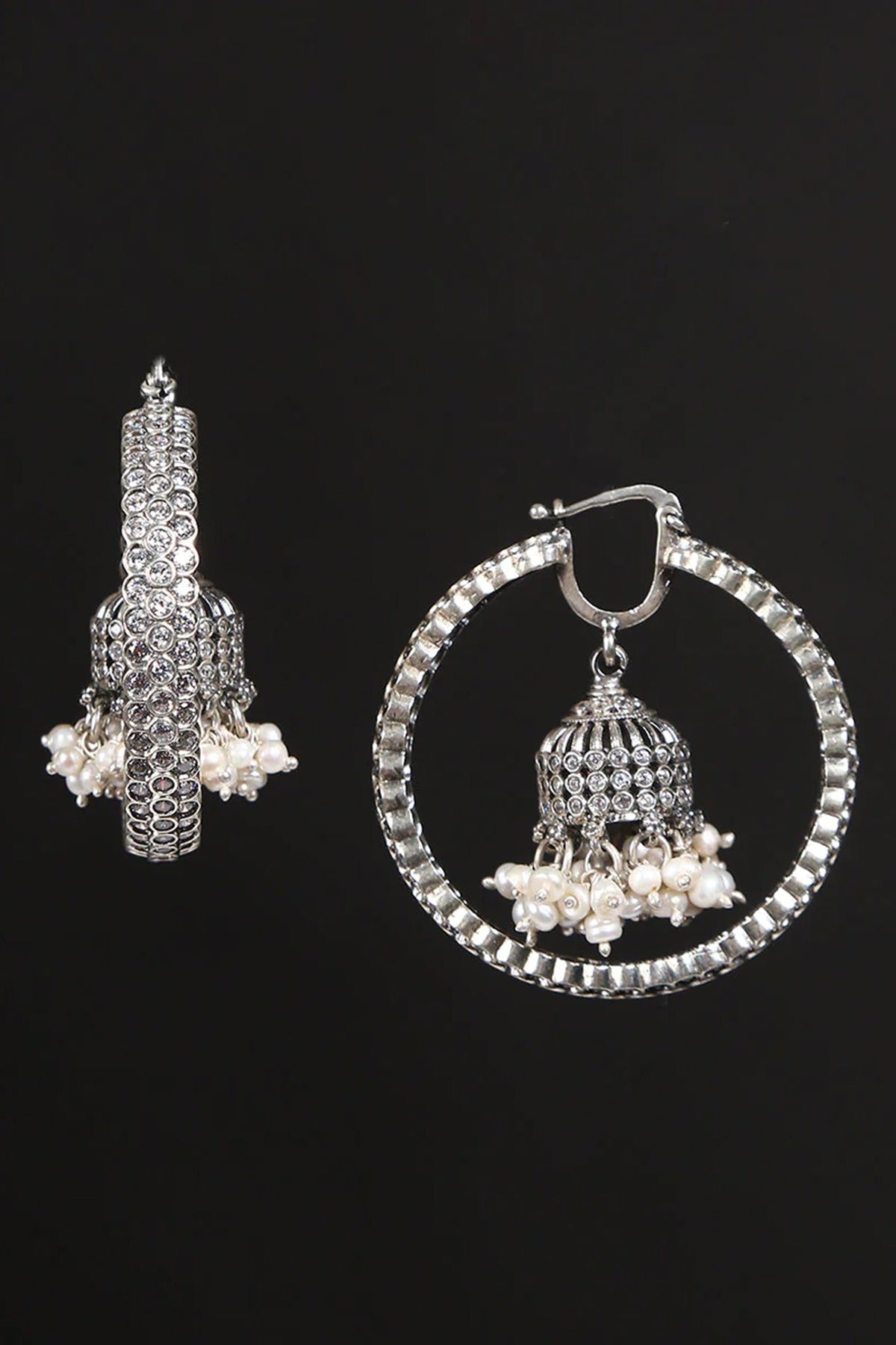 White Finish Cubic Zirconia & Pearl Tribal Dangler Earrings In Sterling Silver